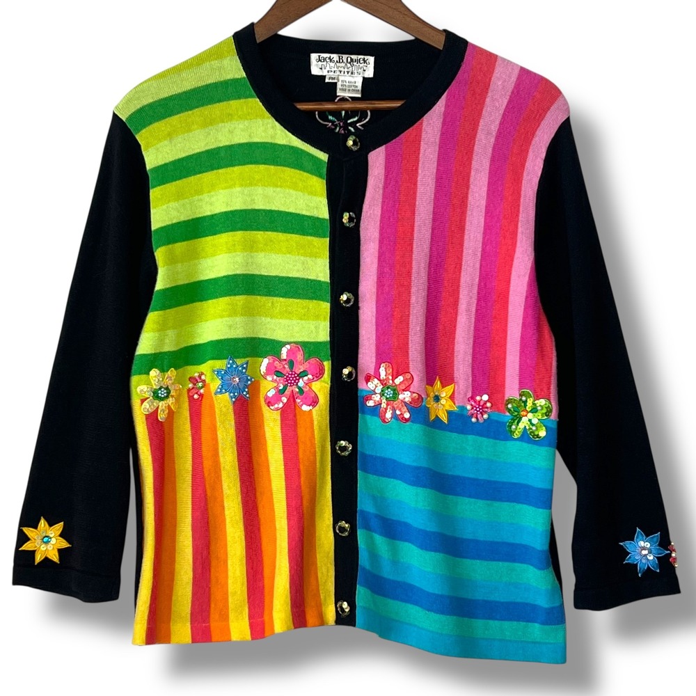 Jack B Quick Petites Vintage 90s MP Colorful Bead Sequin Flower Cardigan Sweater